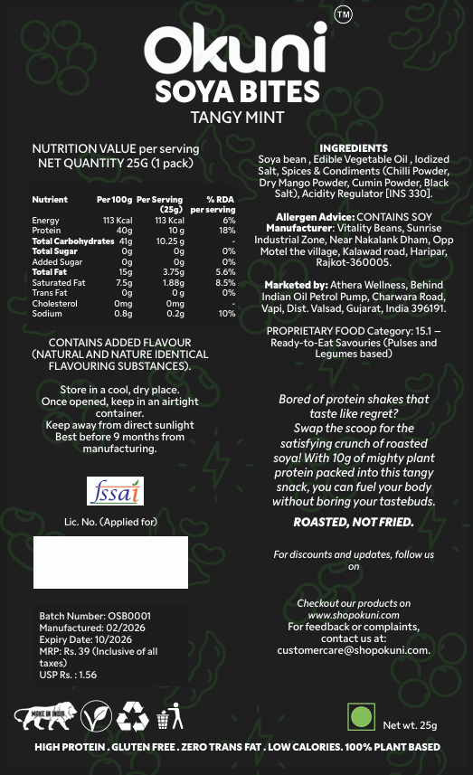 Okuni Roasted Soya Bites - Tangy Mint | High Protein Snack (Pack of 1)