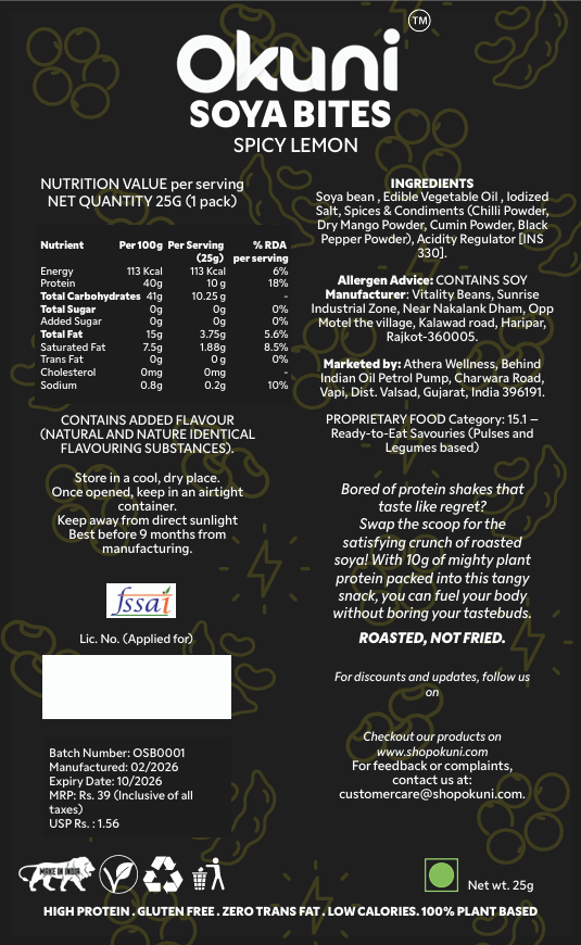 Okuni Roasted Soya Bites - Spicy Lemon | High Protein Snack (Pack of 1)